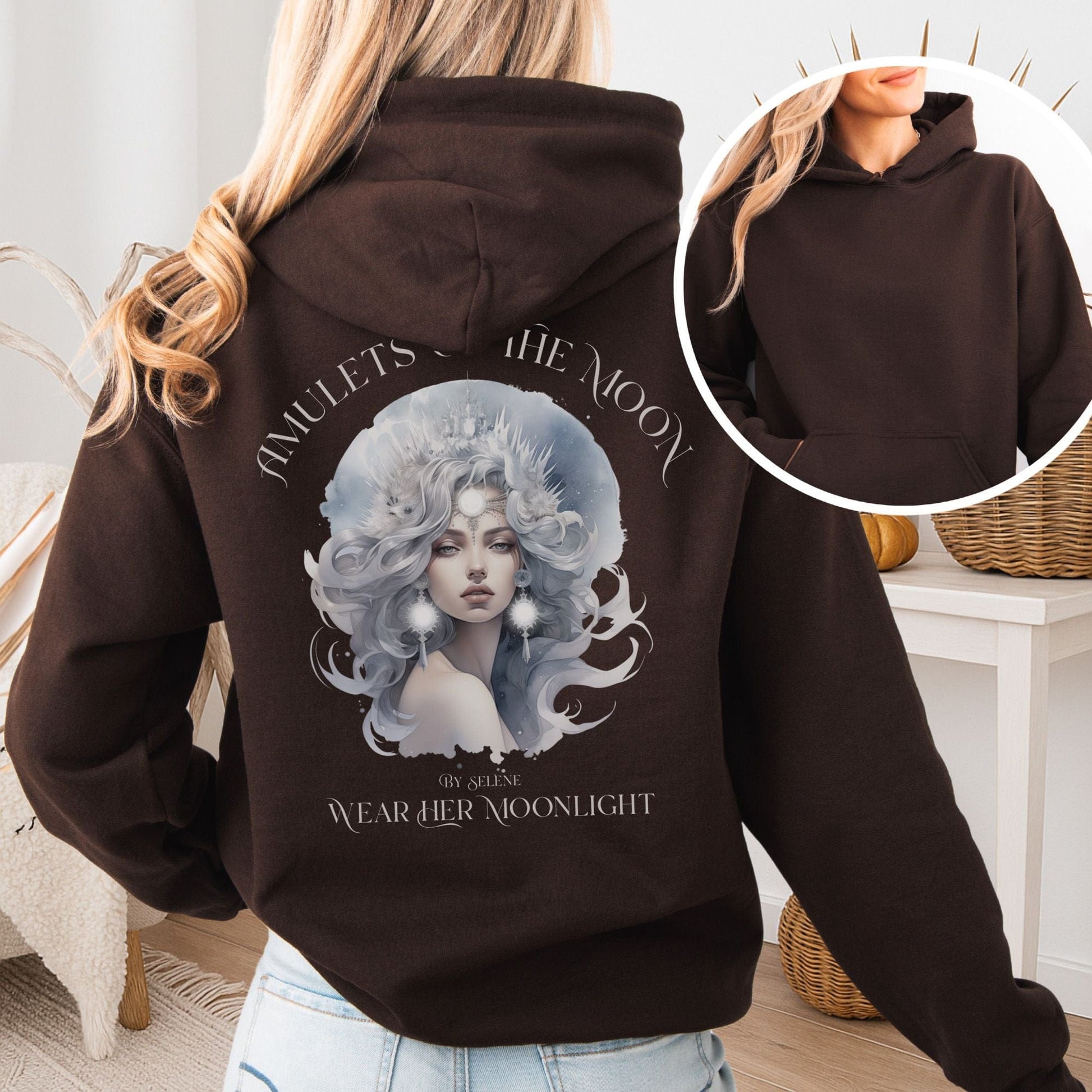 Hoodie Dark Chocolate / S Amulets of the Moon Hoodie – Celestial Goddess Tee The Mystic Eden