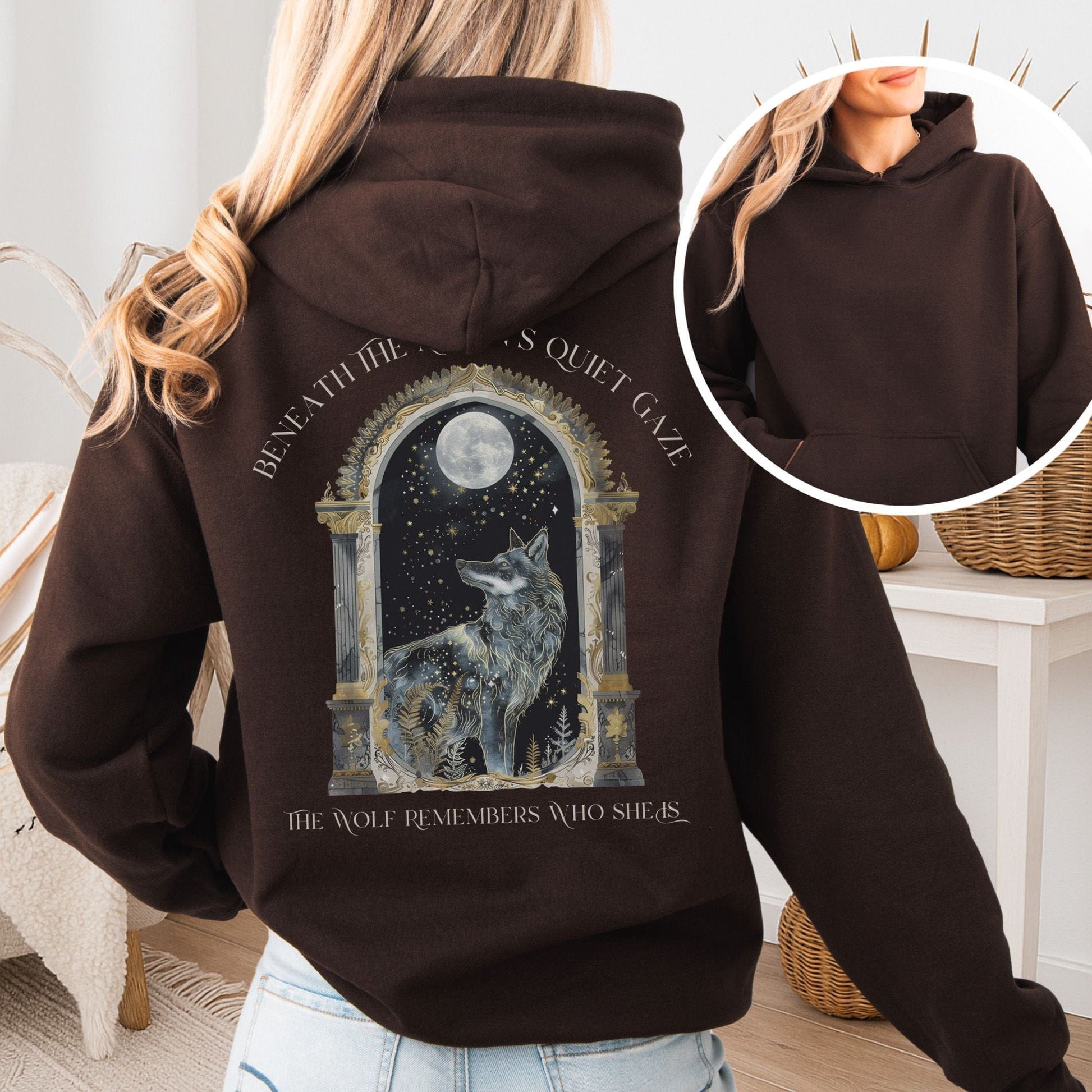 Hoodie Dark Chocolate / S Beneath The Moon The Wolf Remembers Who She Is Hoodie The Mystic Eden