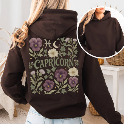 Hoodie Dark Chocolate / S Capricorn Hoodie – Retro Floral Zodiac Sweatshirt The Mystic Eden
