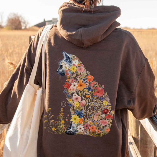 Hoodie Dark Chocolate / S Cottagecore floral cat hoodie The Mystic Eden