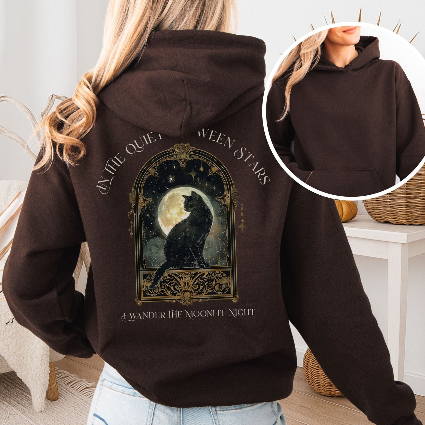 Hoodie Dark Chocolate / S In the Quiet Between Stars Moonlit Cat Hoodie The Mystic Eden