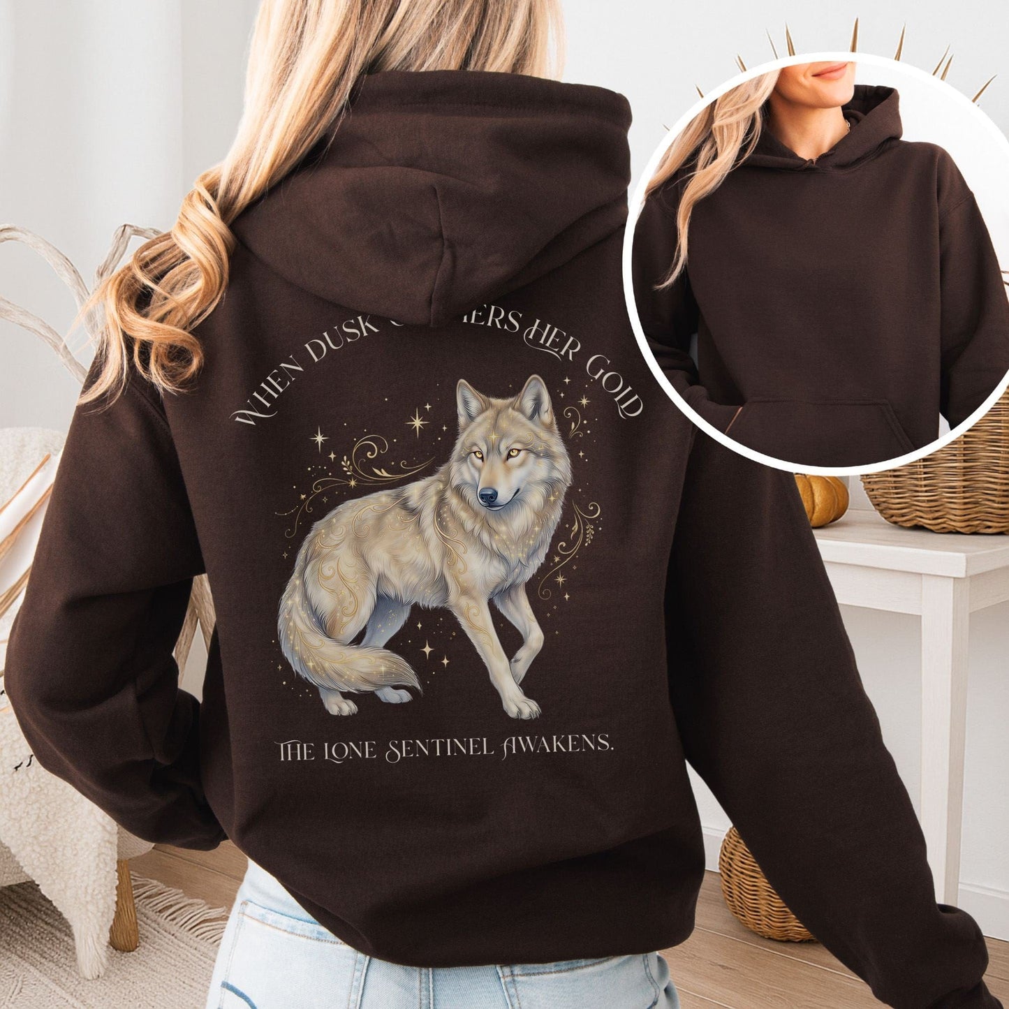 Hoodie Dark Chocolate / S When Dusk Gathers Her Gold Mystical Wolf Hooded Sweatshirt The Mystic Eden