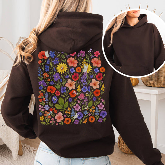 Hoodie Dark Chocolate / S Wildflower Bloom Hoodie – Vibrant Floral Cottagecore Tee The Mystic Eden