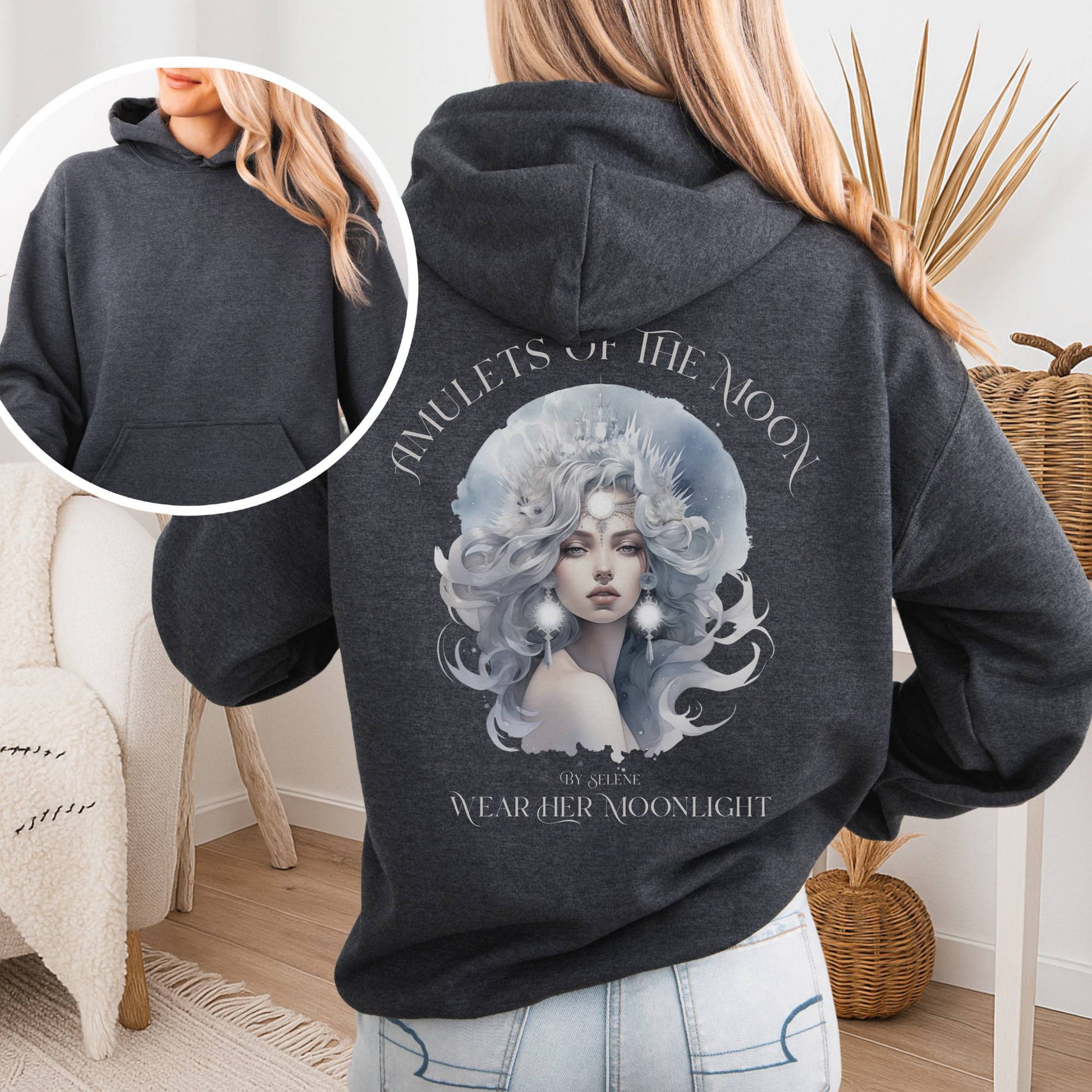 Hoodie Dark Heather / S Amulets of the Moon Hoodie – Celestial Goddess Tee The Mystic Eden