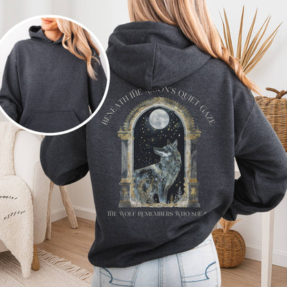 Hoodie Dark Heather / S Beneath The Moon The Wolf Remembers Who She Is Hoodie The Mystic Eden