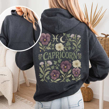 Hoodie Dark Heather / S Capricorn Hoodie – Retro Floral Zodiac Sweatshirt The Mystic Eden