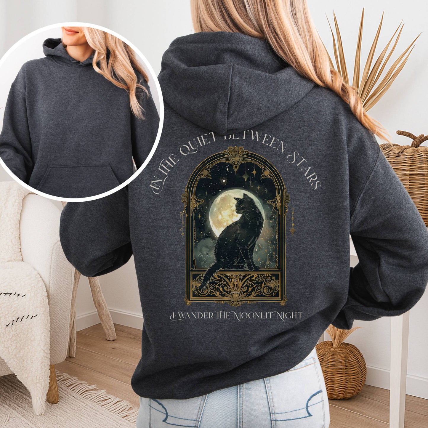 Hoodie Dark Heather / S In the Quiet Between Stars Moonlit Cat Hoodie The Mystic Eden