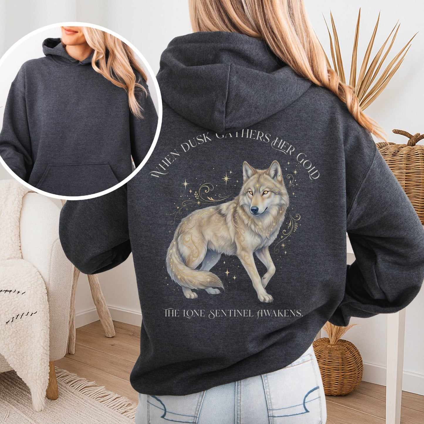 Hoodie Dark Heather / S When Dusk Gathers Her Gold Mystical Wolf Hooded Sweatshirt The Mystic Eden