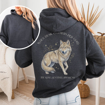 Hoodie Dark Heather / S When Dusk Gathers Her Gold Mystical Wolf Hooded Sweatshirt The Mystic Eden