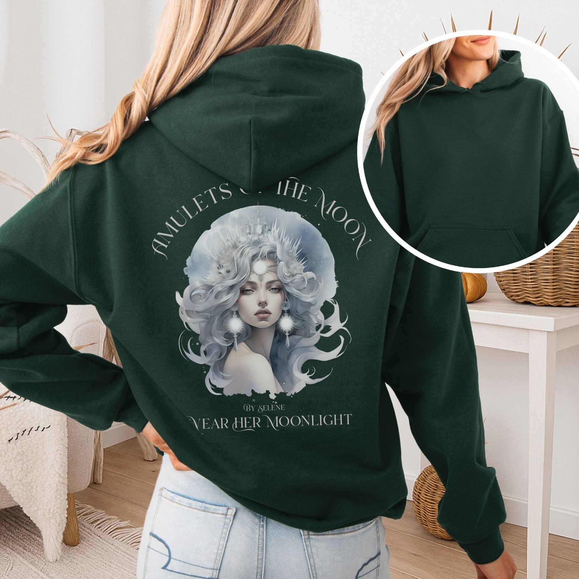 Hoodie Forest Green / S Amulets of the Moon Hoodie – Celestial Goddess Tee The Mystic Eden