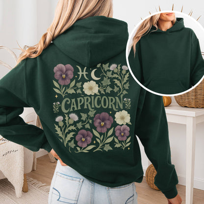 Hoodie Forest Green / S Capricorn Hoodie – Retro Floral Zodiac Sweatshirt The Mystic Eden