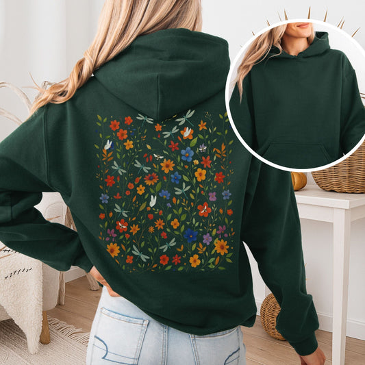 Hoodie Forest Green / S Dragonfly Meadow Hoodie – Whimsical Floral Tee The Mystic Eden