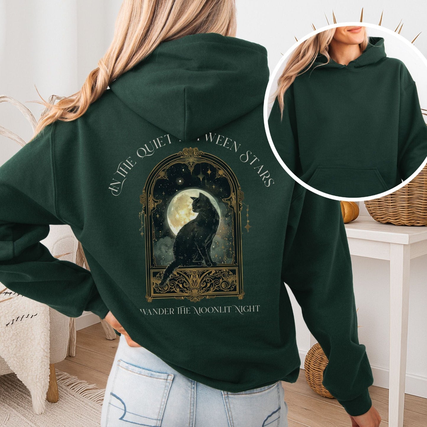 Hoodie Forest Green / S In the Quiet Between Stars Moonlit Cat Hoodie The Mystic Eden