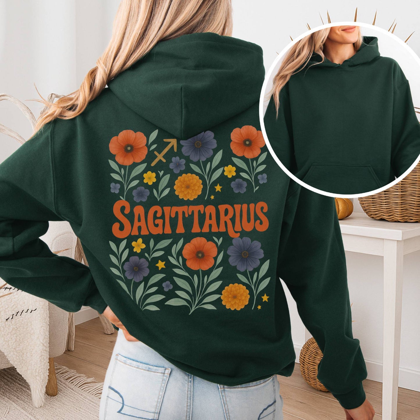 Hoodie Forest Green / S Sagittarius Hoodie – Retro Floral Zodiac Sweatshirt The Mystic Eden
