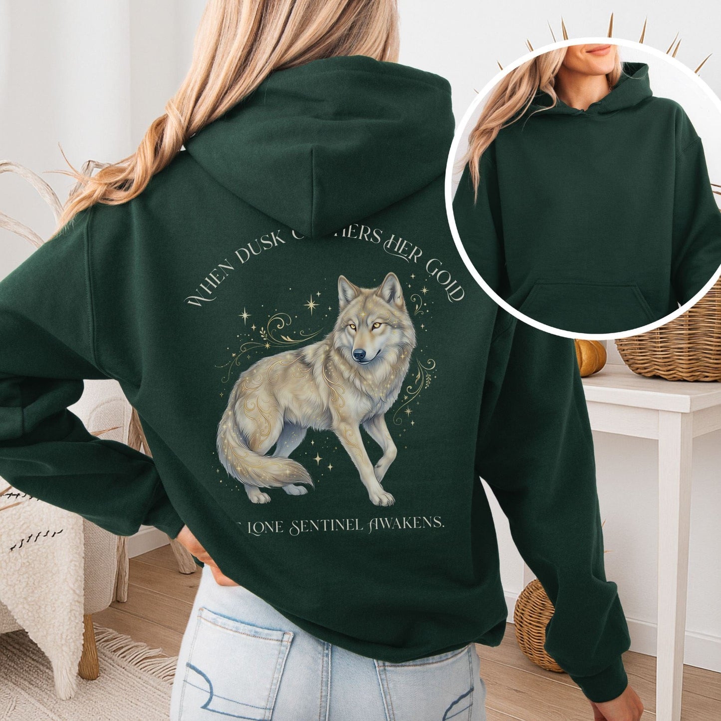 Hoodie Forest Green / S When Dusk Gathers Her Gold Mystical Wolf Hooded Sweatshirt The Mystic Eden