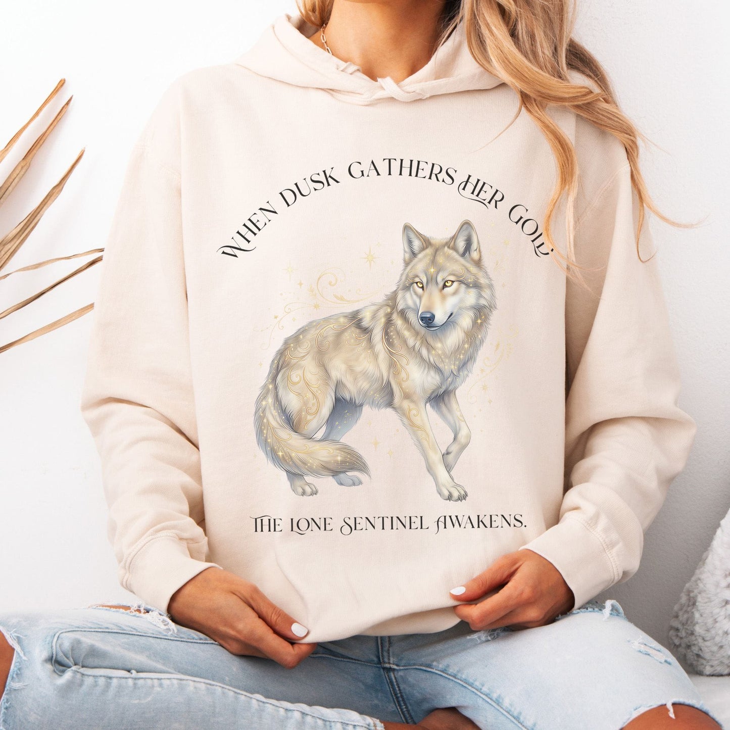 Hoodie Ivory / S When Dusk Gathers Her Gold Mystical Wolf Hoodie The Mystic Eden