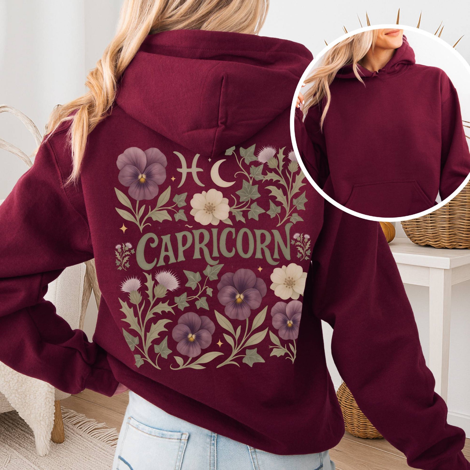 Hoodie Maroon / S Capricorn Hoodie – Retro Floral Zodiac Sweatshirt The Mystic Eden