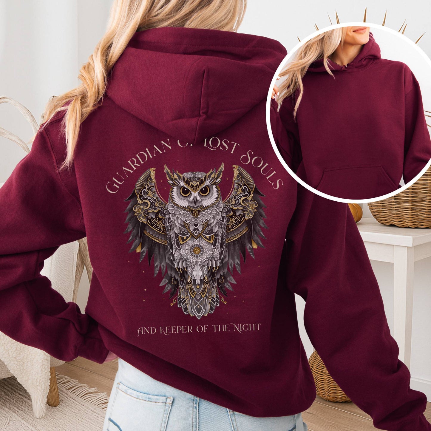 Hoodie Maroon / S Guardian of Lost Souls Mythic Owl Hoodie The Mystic Eden