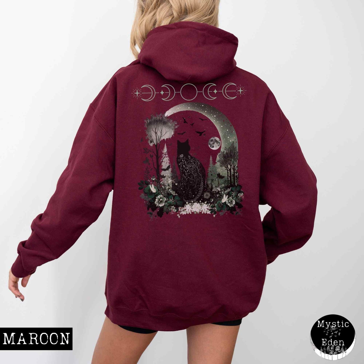 Hoodie Maroon / S Mystical Black Cat Hoodie The Mystic Eden