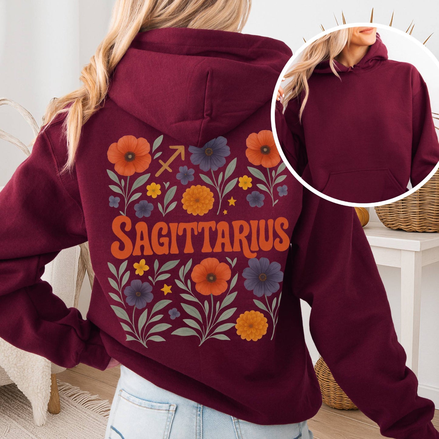 Hoodie Maroon / S Sagittarius Hoodie – Retro Floral Zodiac Sweatshirt The Mystic Eden