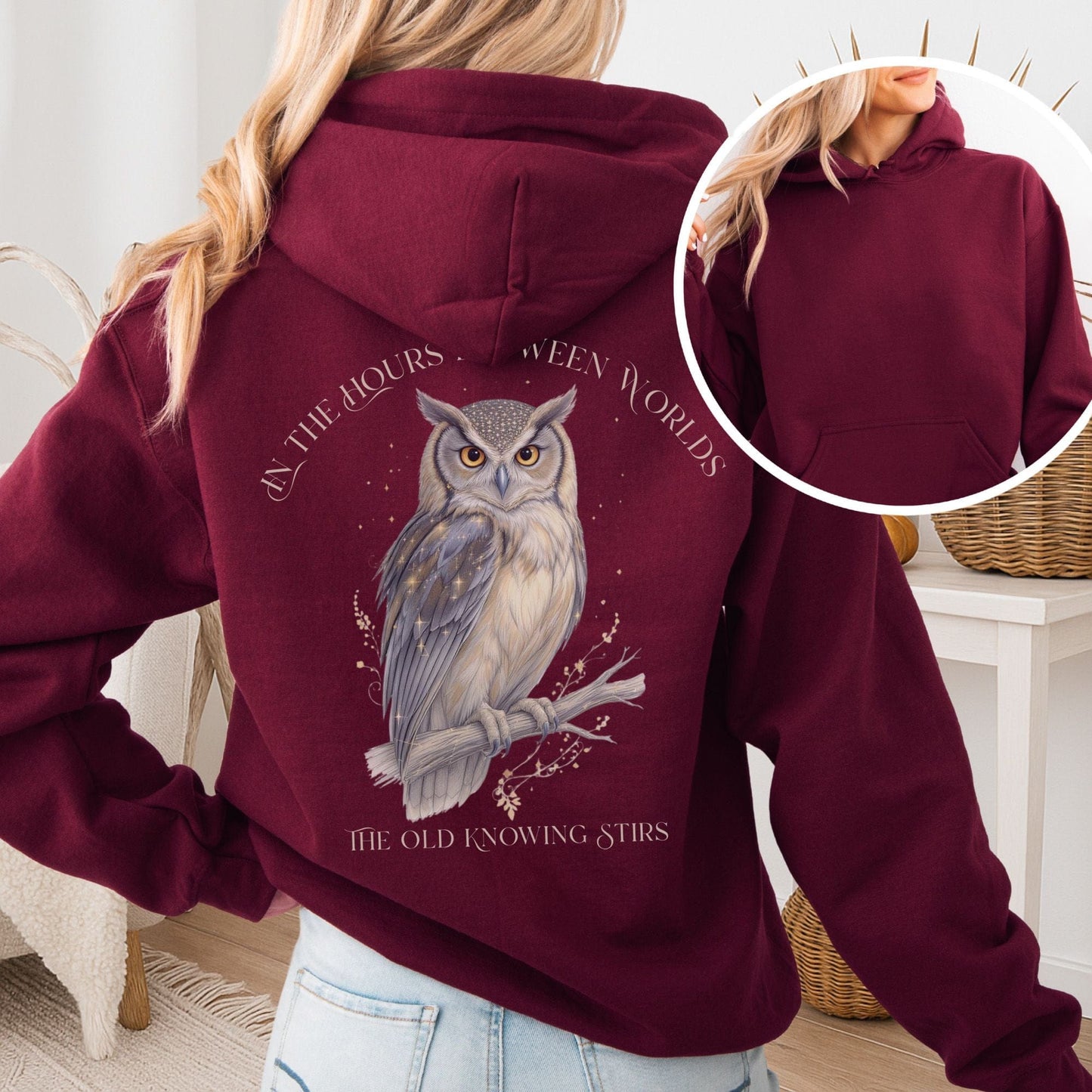 Hoodie Maroon / S The Old Knowing Stirs Mystical Owl Hoodie The Mystic Eden