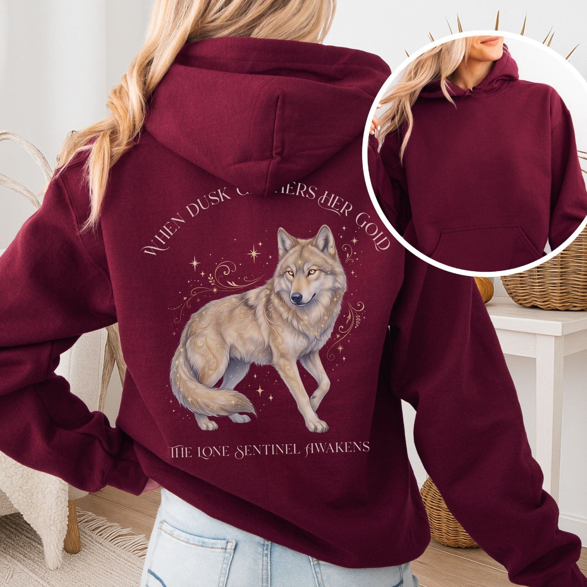 Hoodie Maroon / S When Dusk Gathers Her Gold Mystical Wolf Hooded Sweatshirt The Mystic Eden