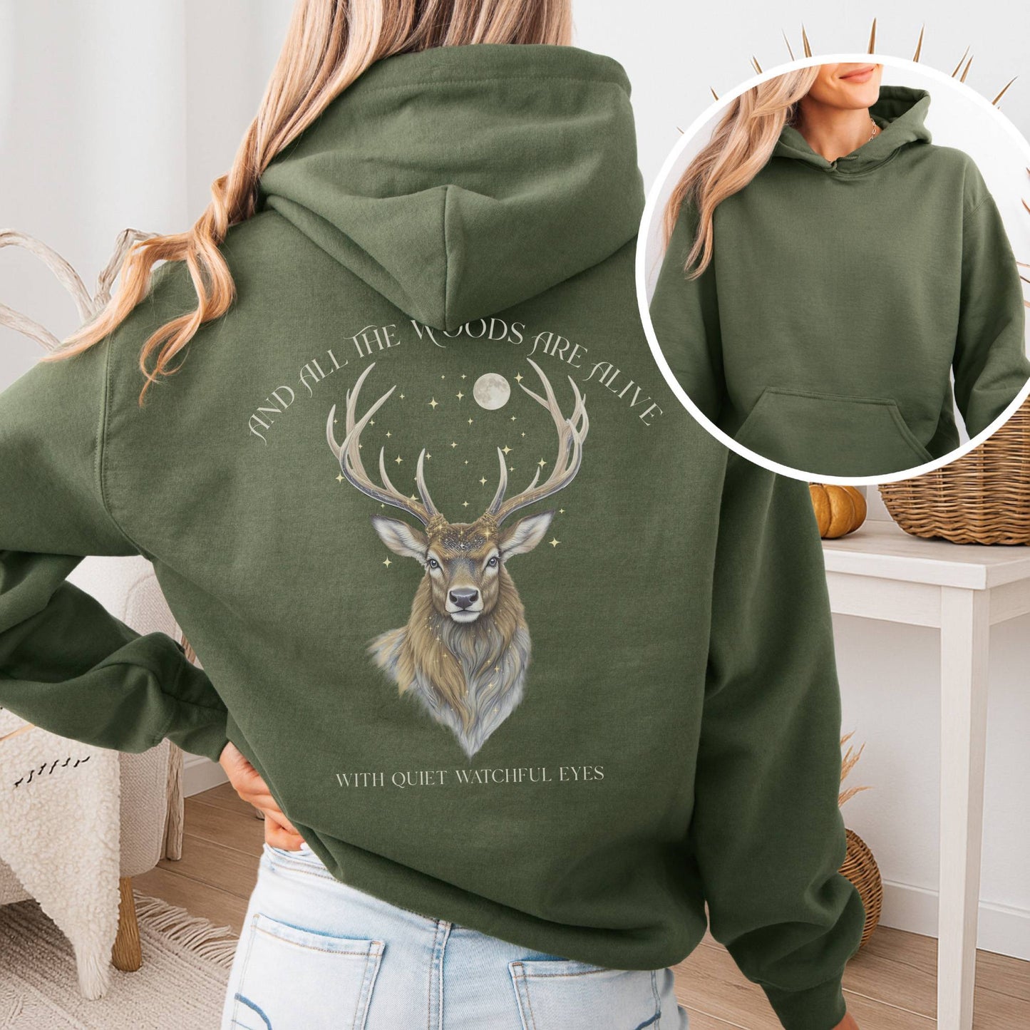 Hoodie Military Green / S All the Woods Are Alive With Watchful Eyes Walter de la Mare Hoodie The Mystic Eden