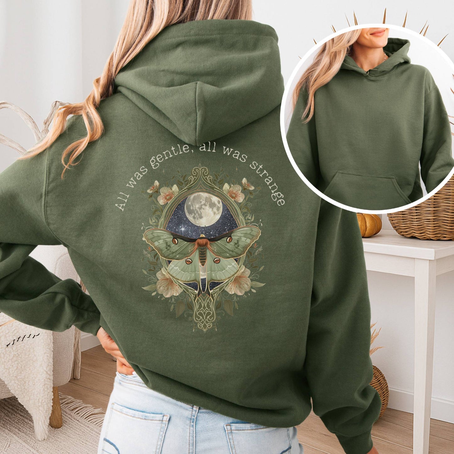 Hoodie Military Green / S All Was Gentle All Was Strange Edgar Allan Poe Hoodie The Mystic Eden