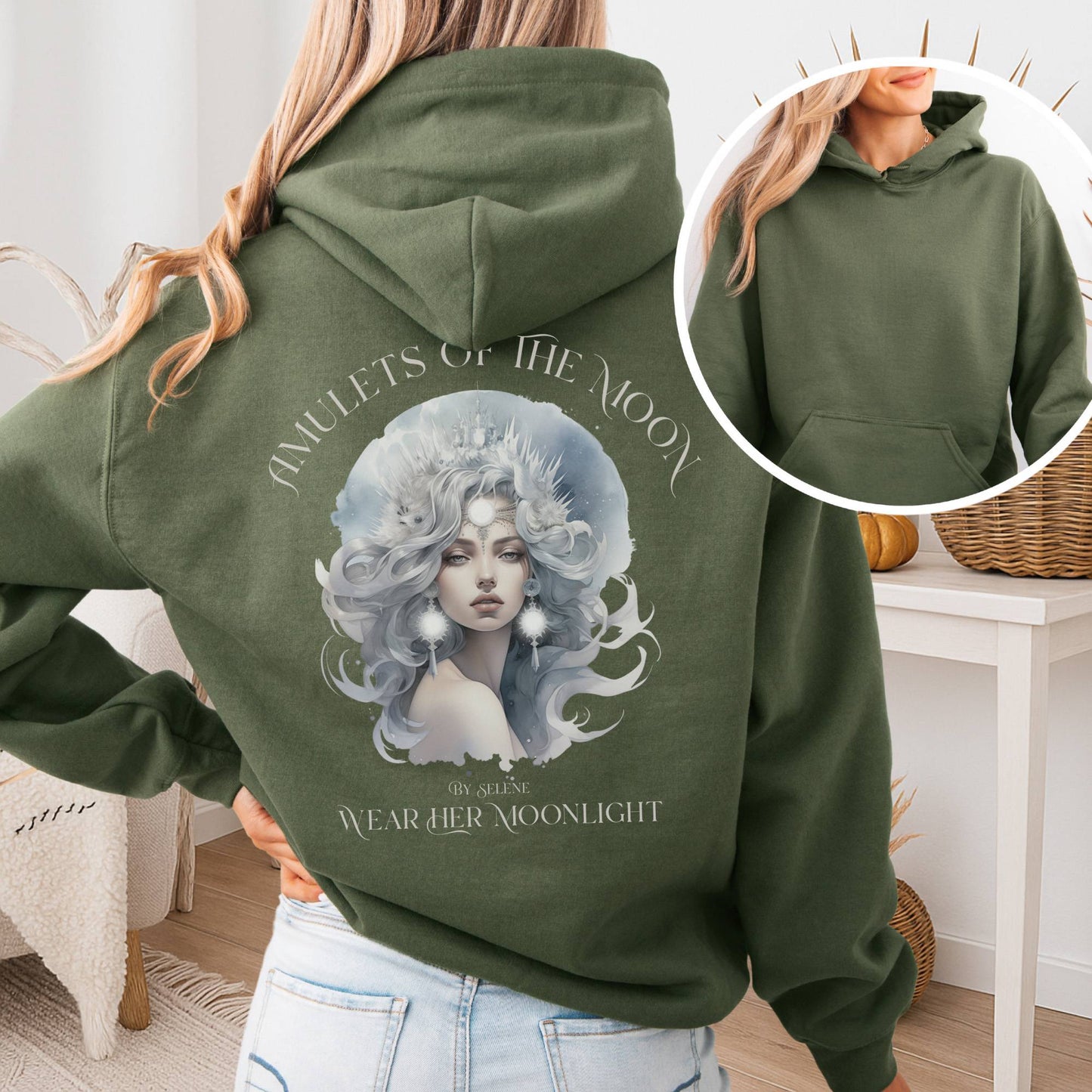Hoodie Military Green / S Amulets of the Moon Hoodie – Celestial Goddess Tee The Mystic Eden