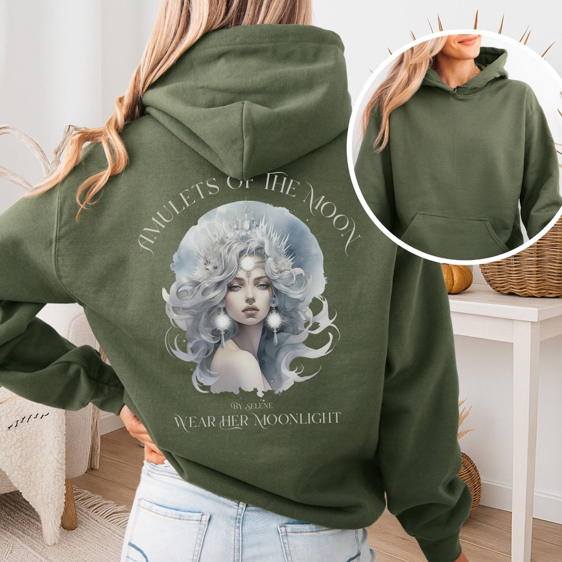 Hoodie Military Green / S Amulets of the Moon Hoodie – Celestial Goddess Tee The Mystic Eden