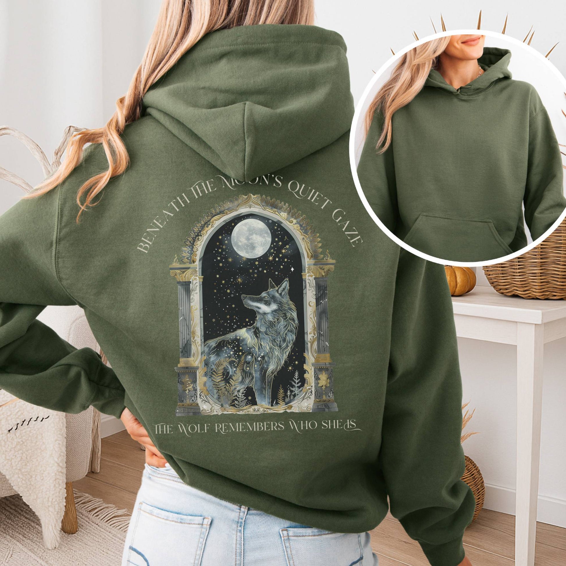Hoodie Military Green / S Beneath The Moon The Wolf Remembers Who She Is Hoodie The Mystic Eden