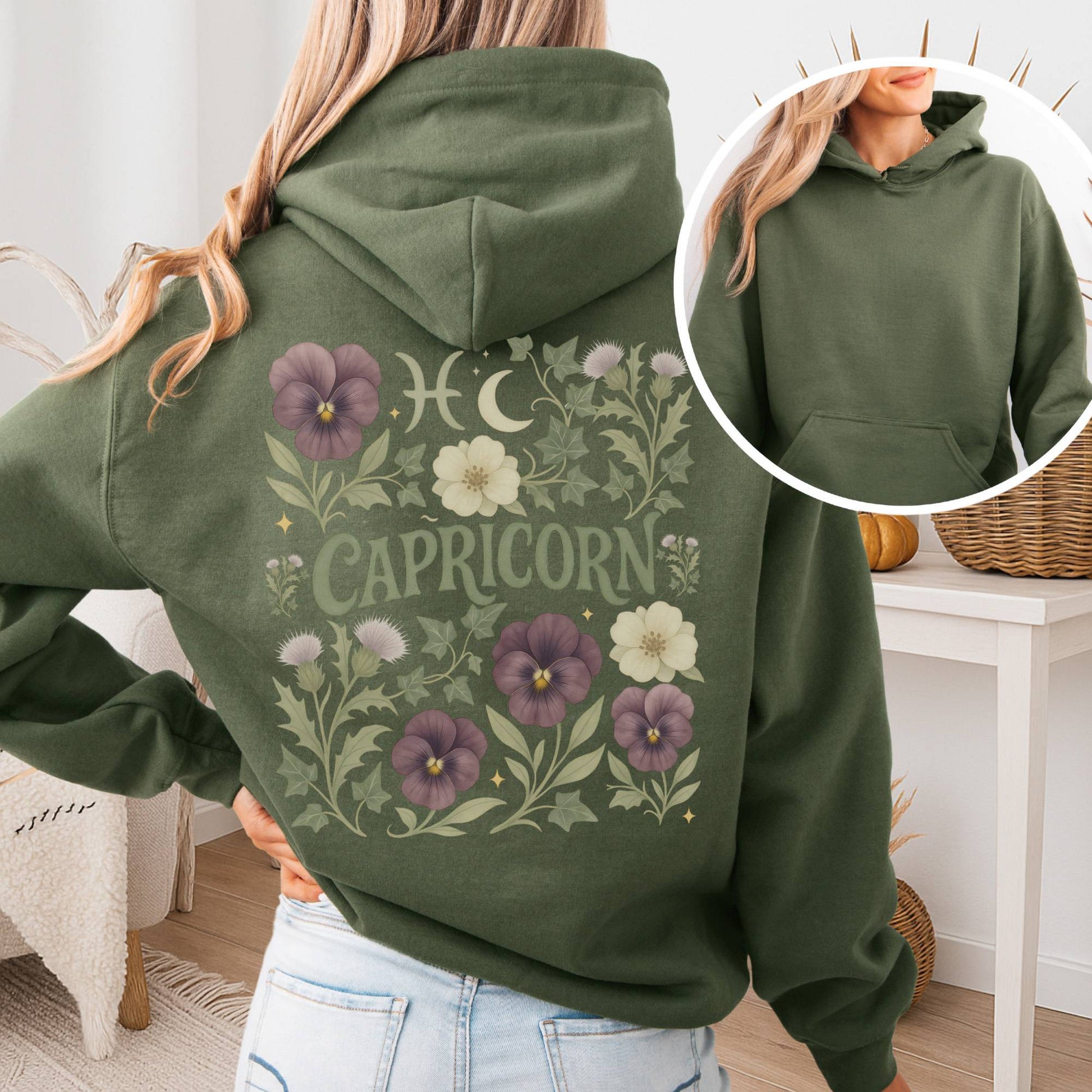 Hoodie Military Green / S Capricorn Hoodie – Retro Floral Zodiac Sweatshirt The Mystic Eden