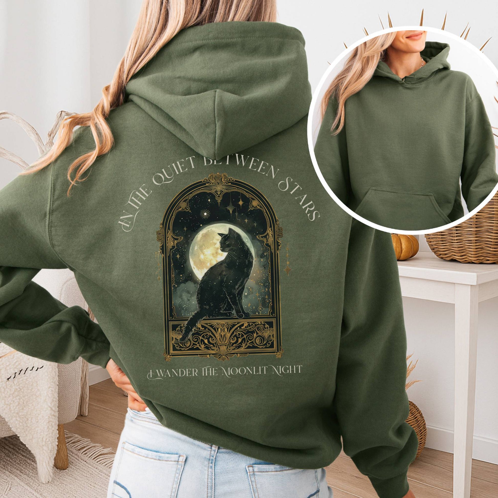 Hoodie Military Green / S In the Quiet Between Stars Moonlit Cat Hoodie The Mystic Eden