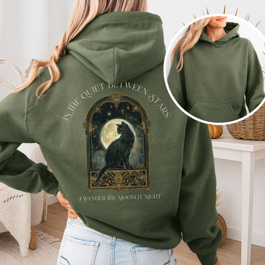 Hoodie Military Green / S In the Quiet Between Stars Moonlit Cat Hoodie The Mystic Eden