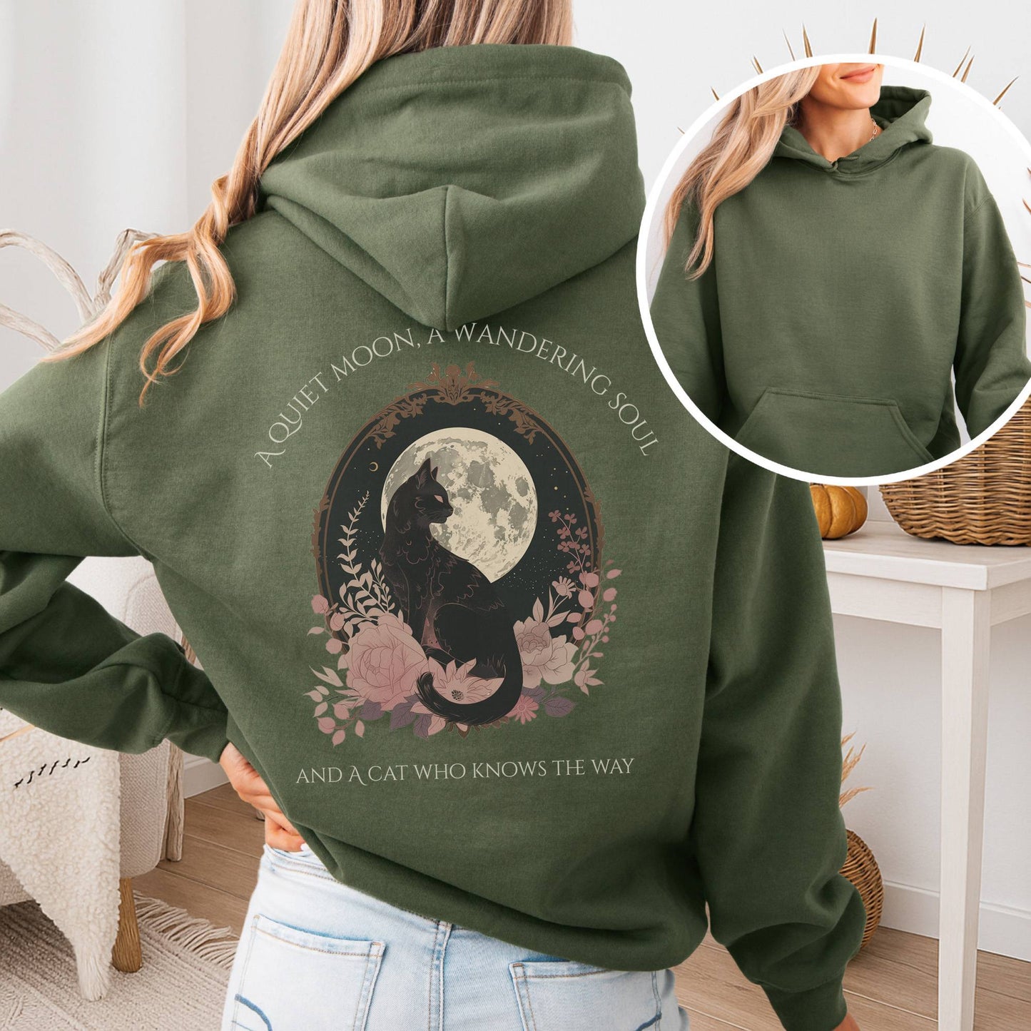 Hoodie Military Green / S The Cat Who Knows the Way Poetry Hoodie The Mystic Eden