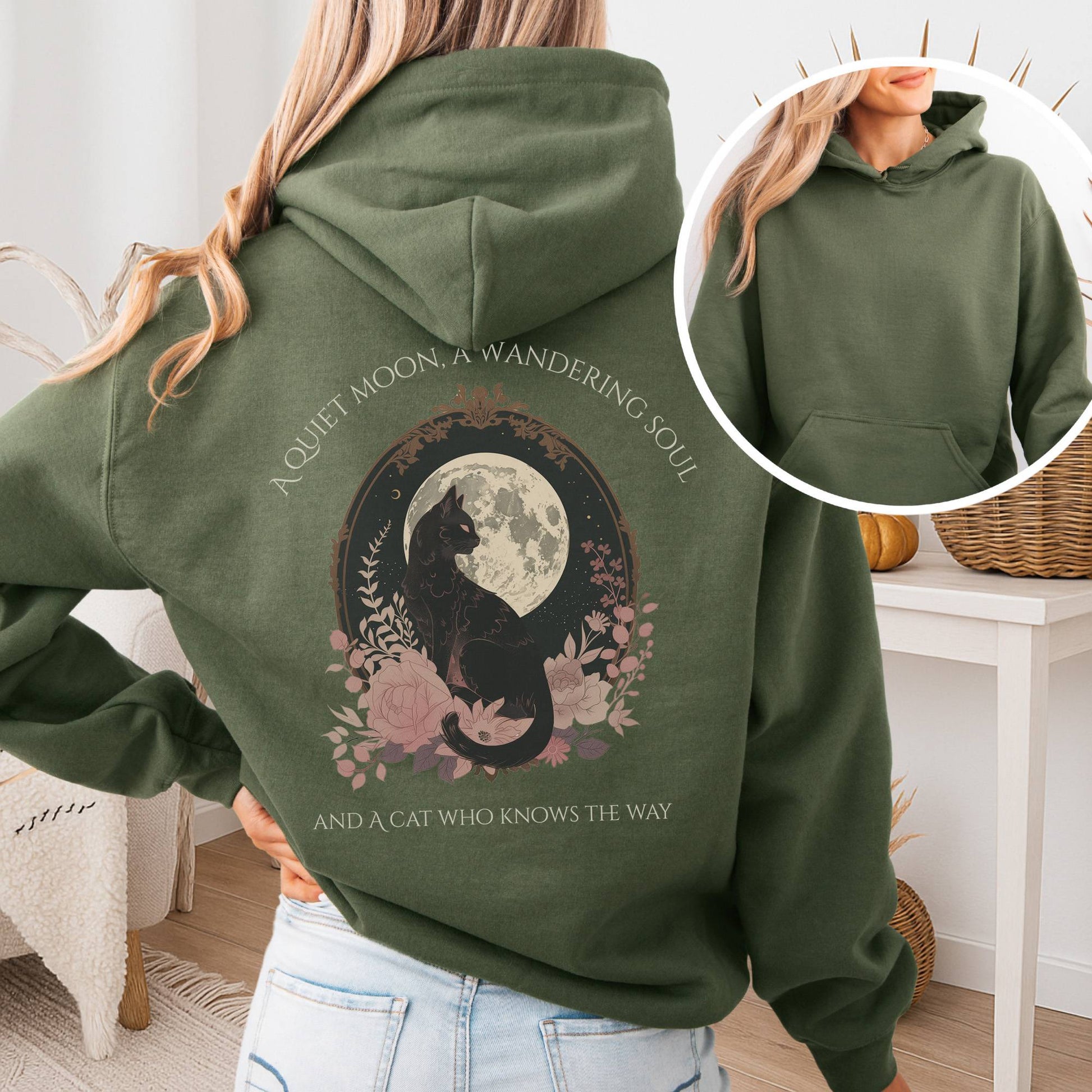 Hoodie Military Green / S The Cat Who Knows the Way Poetry Hoodie The Mystic Eden