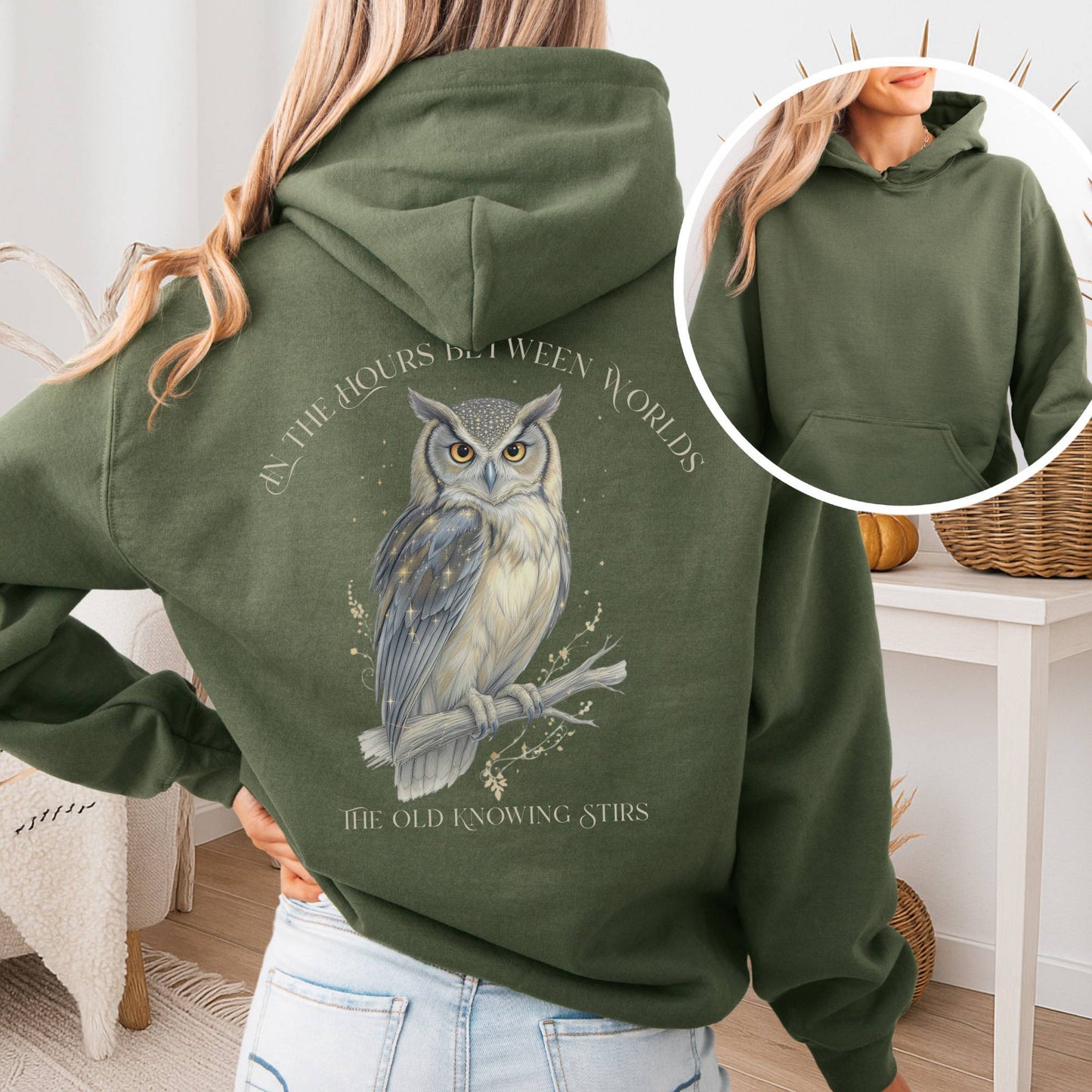 Hoodie Military Green / S The Old Knowing Stirs Mystical Owl Hoodie The Mystic Eden