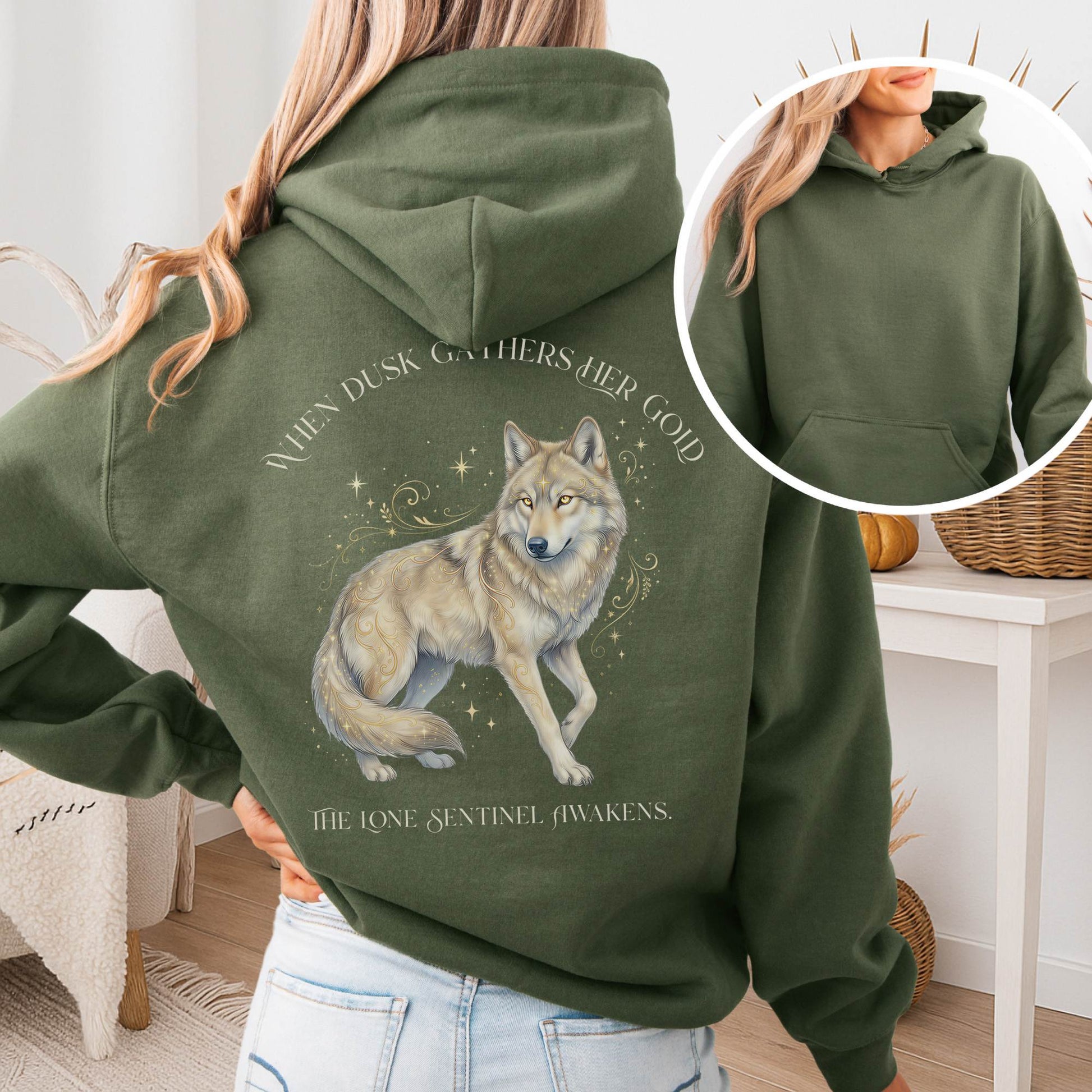 Hoodie Military Green / S When Dusk Gathers Her Gold Mystical Wolf Hooded Sweatshirt The Mystic Eden