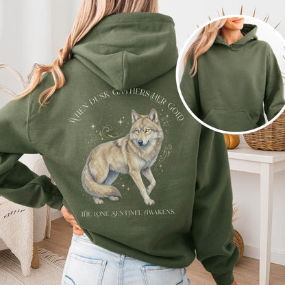 Hoodie Military Green / S When Dusk Gathers Her Gold Mystical Wolf Hooded Sweatshirt The Mystic Eden