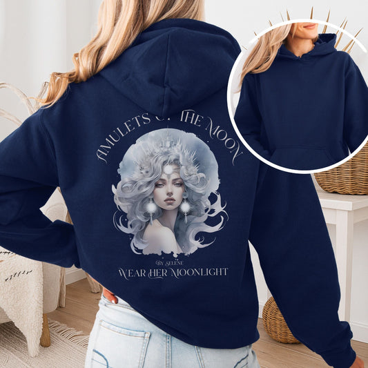 Hoodie Navy / S Amulets of the Moon Hoodie – Celestial Goddess Tee The Mystic Eden