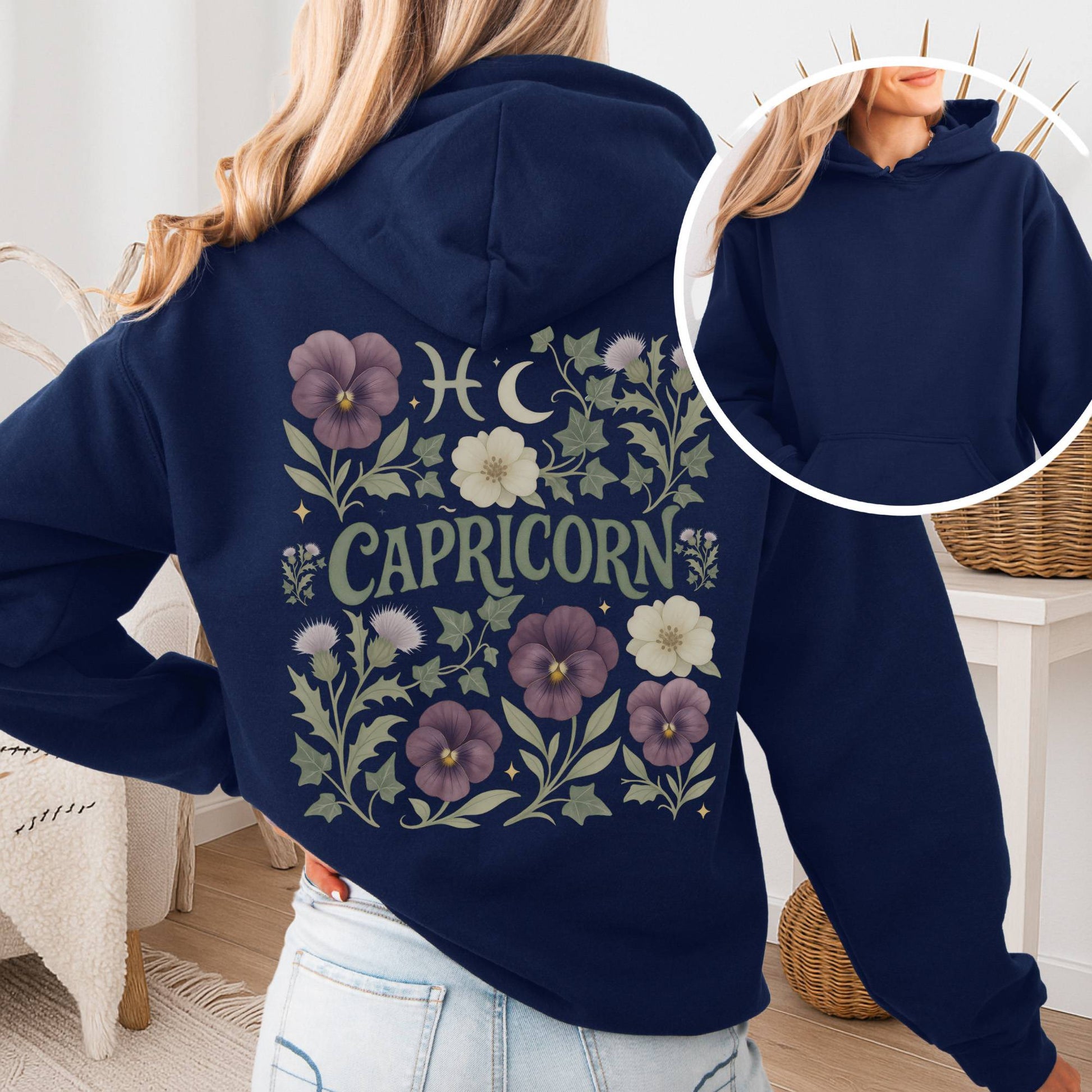 Hoodie Navy / S Capricorn Hoodie – Retro Floral Zodiac Sweatshirt The Mystic Eden