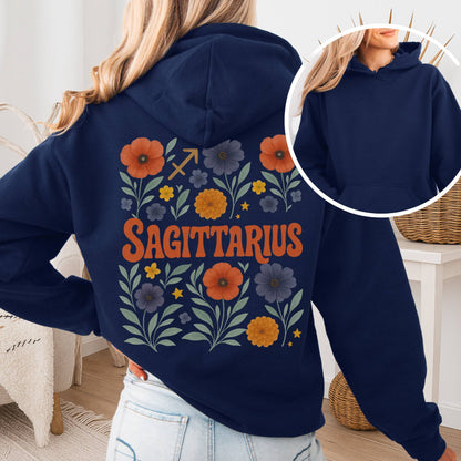 Hoodie Navy / S Sagittarius Hoodie – Retro Floral Zodiac Sweatshirt The Mystic Eden