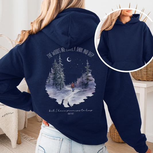 Hoodie Navy / S The Woods Are Lovely Robert Frost Hoodie – Winter Poetry Tee The Mystic Eden
