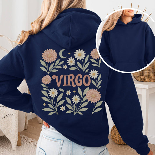 Hoodie Navy / S Virgo Hoodie – Retro Floral Zodiac Sweatshirt The Mystic Eden