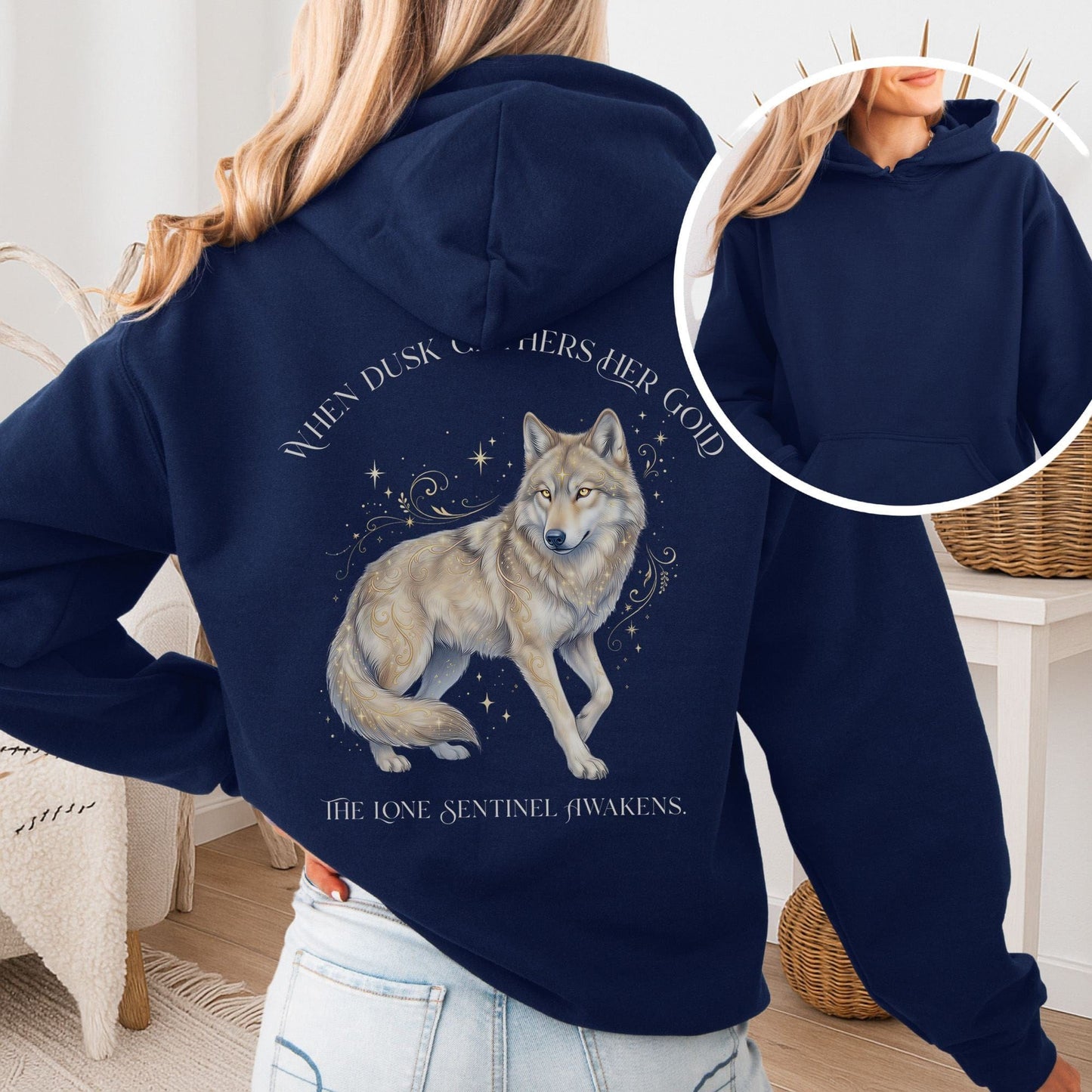Hoodie Navy / S When Dusk Gathers Her Gold Mystical Wolf Hooded Sweatshirt The Mystic Eden