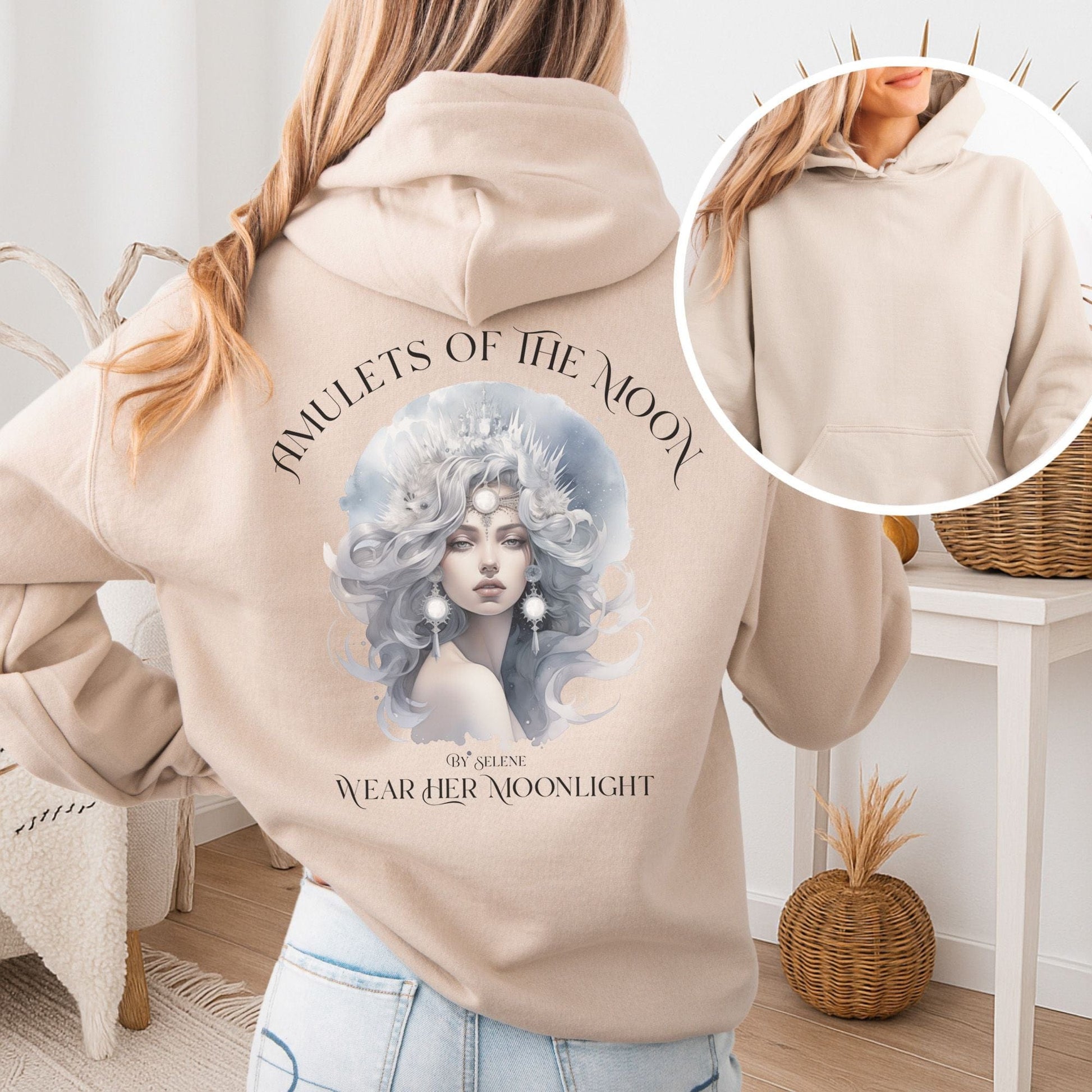 Hoodie Sand / S Amulets of the Moon Hoodie – Celestial Goddess Tee The Mystic Eden