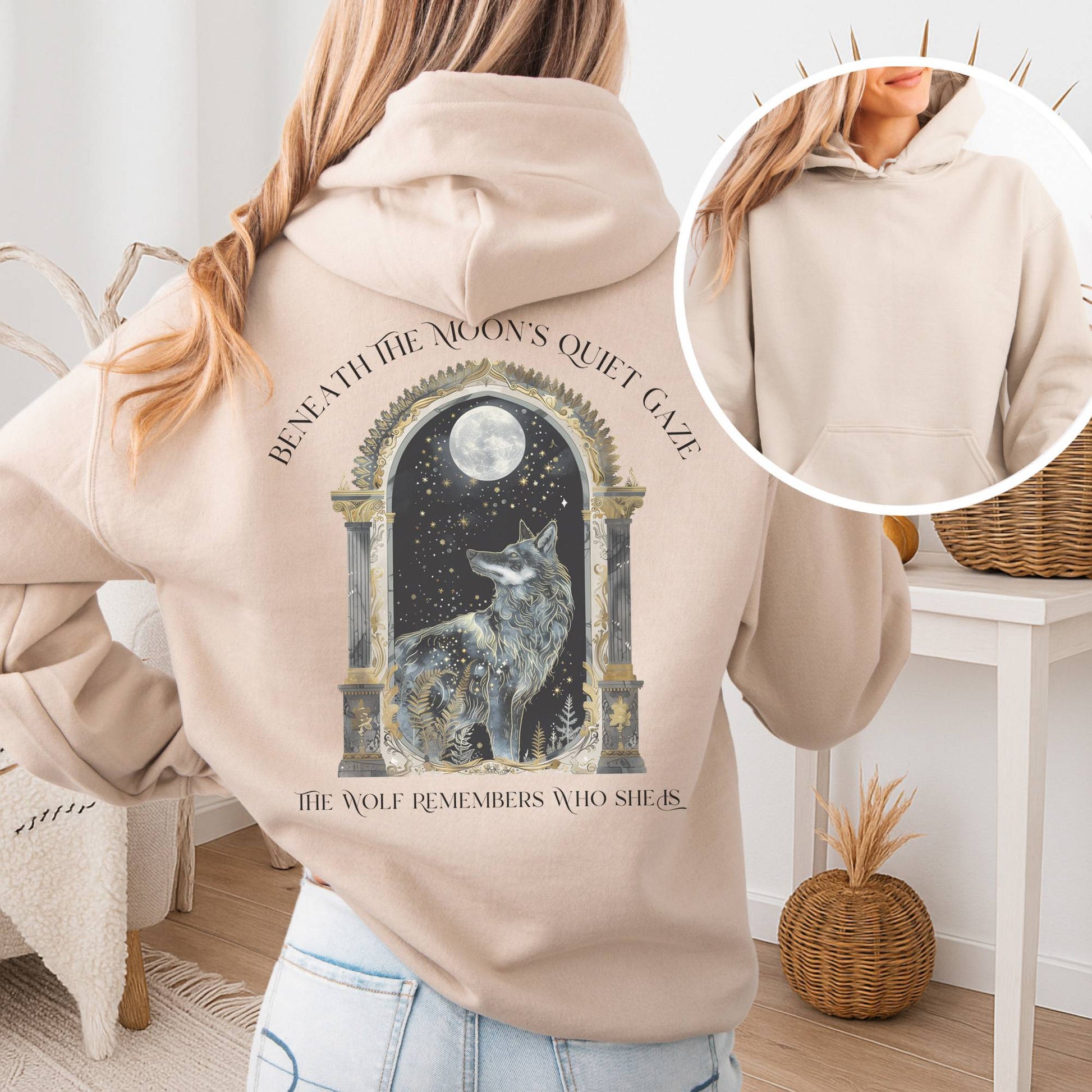 Hoodie Sand / S Beneath The Moon The Wolf Remembers Who She Is Hoodie The Mystic Eden
