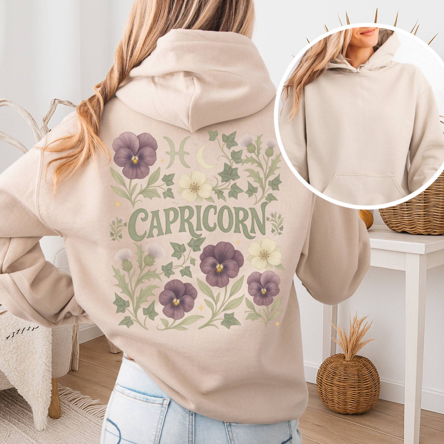 Hoodie Sand / S Capricorn Hoodie – Retro Floral Zodiac Sweatshirt The Mystic Eden