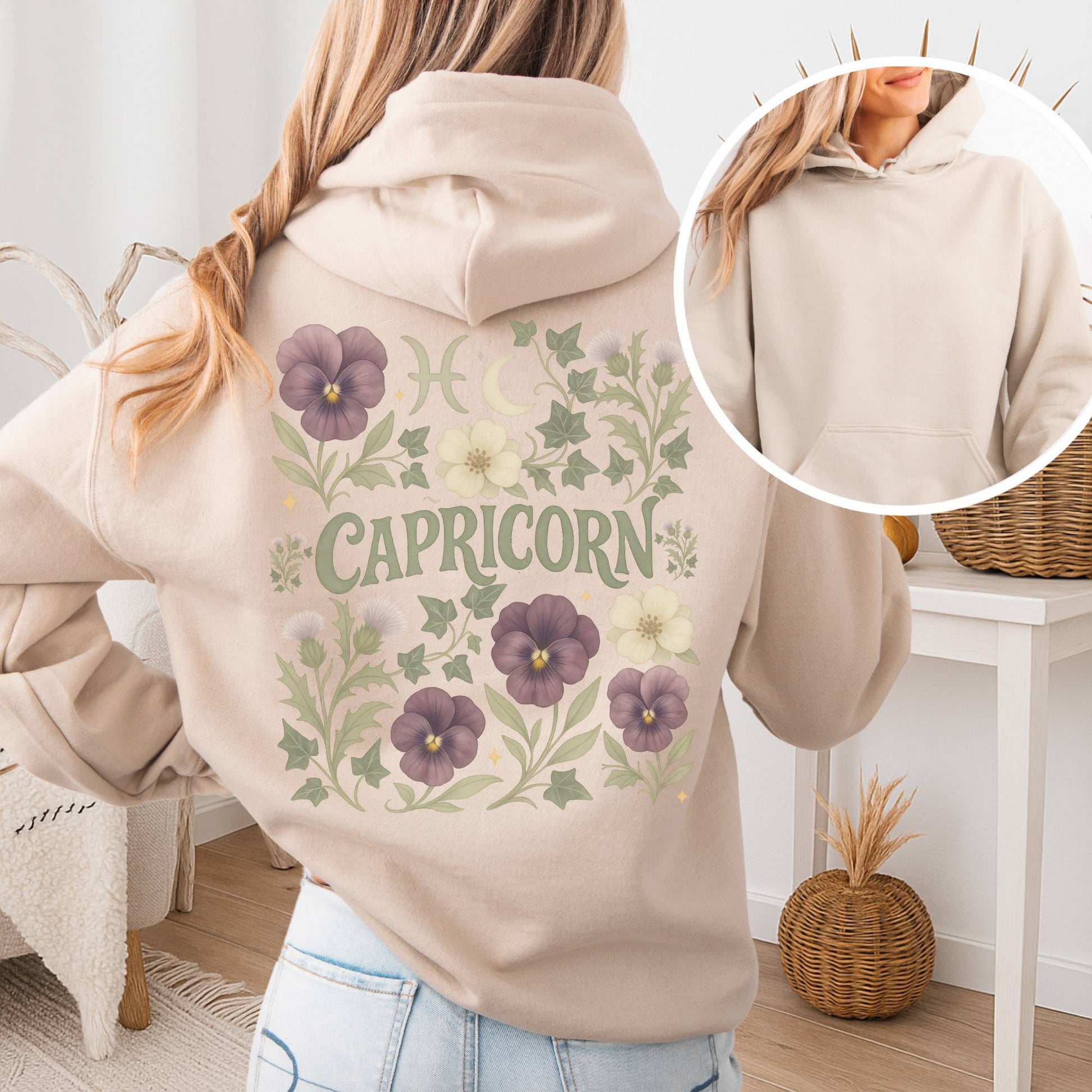 Hoodie Sand / S Capricorn Hoodie – Retro Floral Zodiac Sweatshirt The Mystic Eden