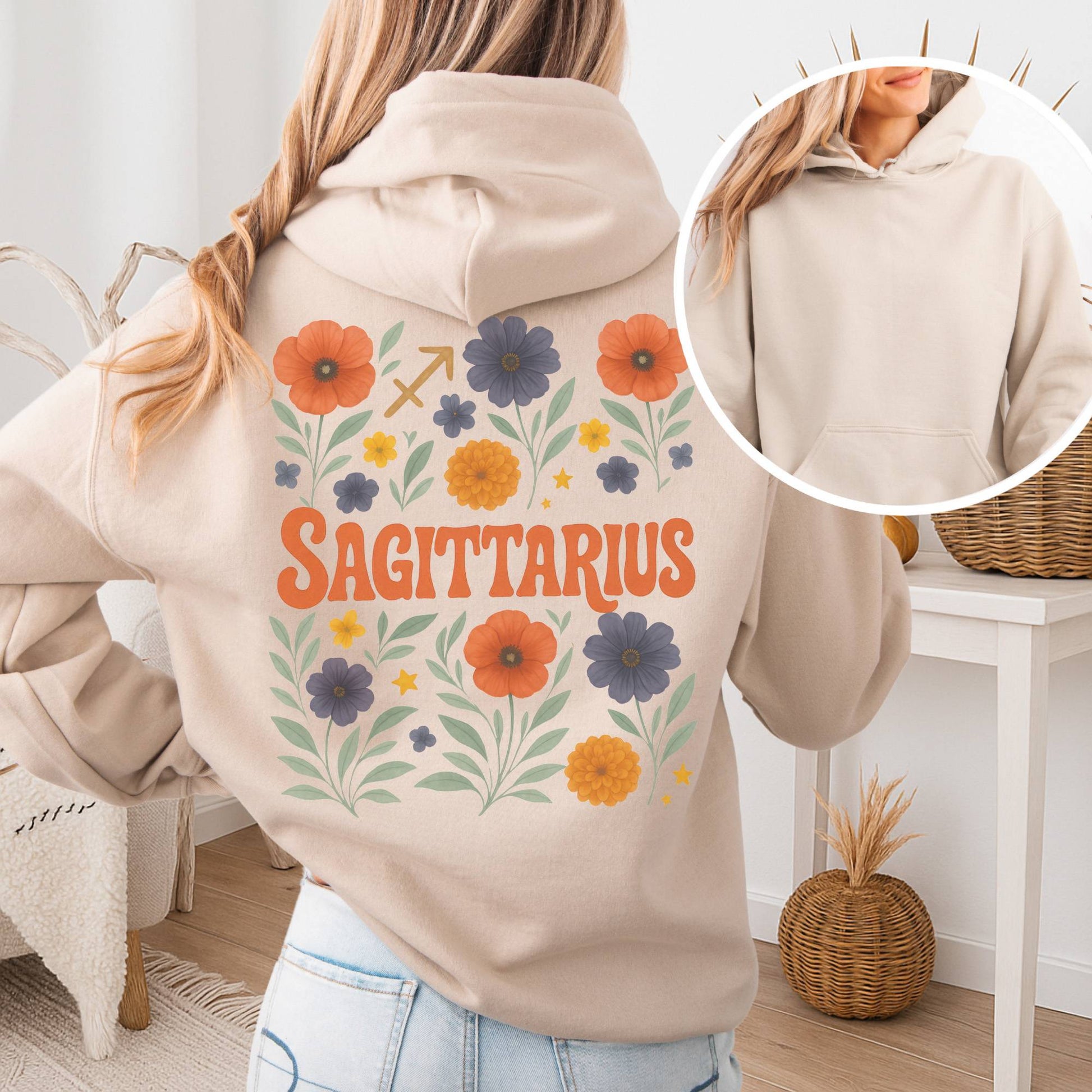 Hoodie Sand / S Sagittarius Hoodie – Retro Floral Zodiac Sweatshirt The Mystic Eden